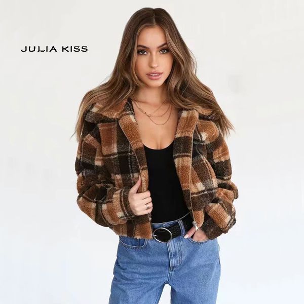 

women plaid faux fur bomber jacket, Black;brown
