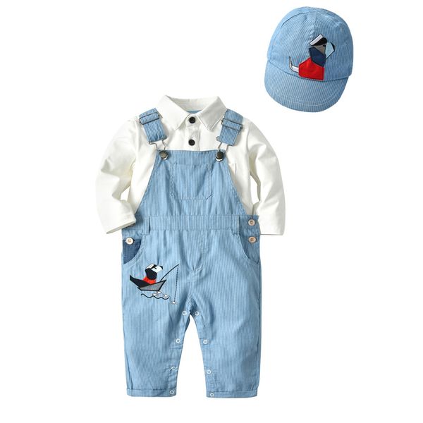 

1-4y baby boys solid long sleeve romper suspender pants hat set for newborn cute autumn suit outfits, White