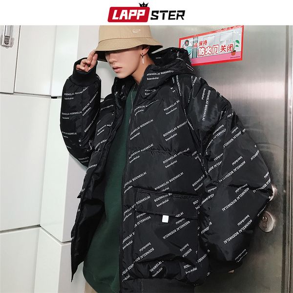 

мужчины письмо с капюшоном puffer jacket 2019 mens толстые японский streetwear ветровки мужской корейский дизайнер крупногабаритные bubble c, Black