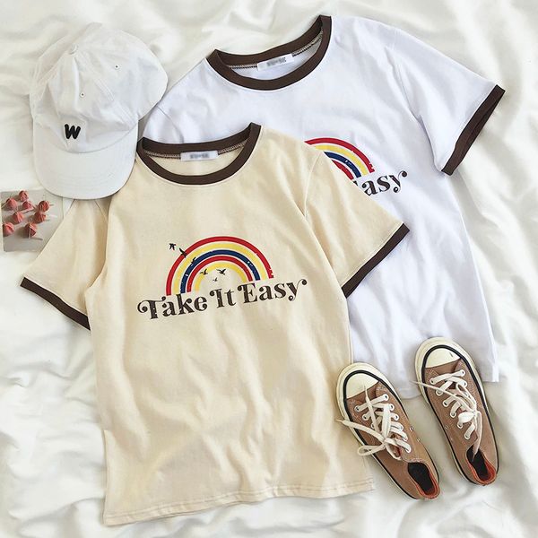 

retro distressed ringer contrast stitching rainbow letter print round neck loose casual wild short-sleeved t-shirt shirt, White
