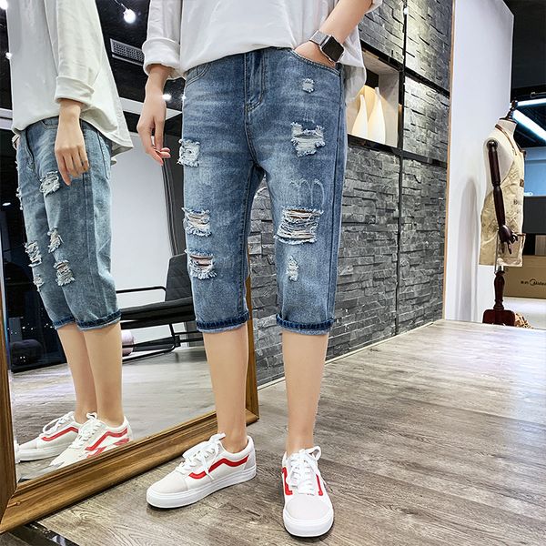 

2019 summer new men's denim shorts slim fit calf length straight pants student youth hole ripped casual denim pants trend wild, Blue