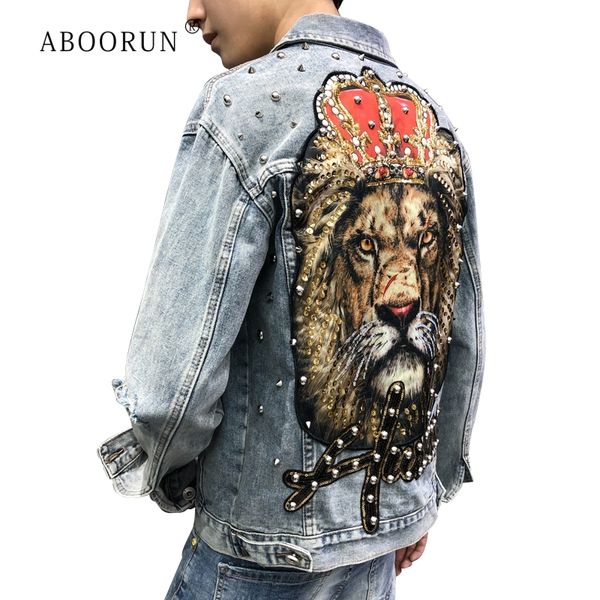 

aboorun мужские панк джинсовые куртки мульти заклепки лев вышивка джинсовые куртки весна осень пальто для мужчин r588, Black;brown
