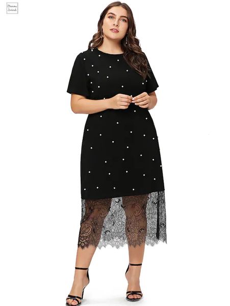 

plus size beaded dresses lace splice t shirt dress o neck short a line fashion party dress vestidos designer clothes, Black;gray