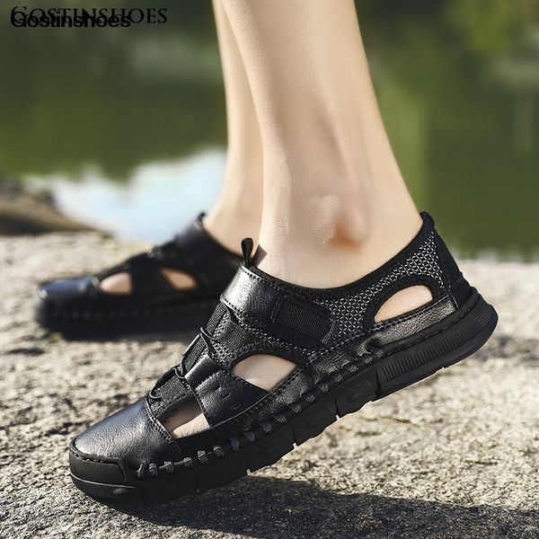 

erkek sandalet man shoes closed toe sport casual hollow out beach shoes light weight beach sandals cow leather chalas hombre, Black