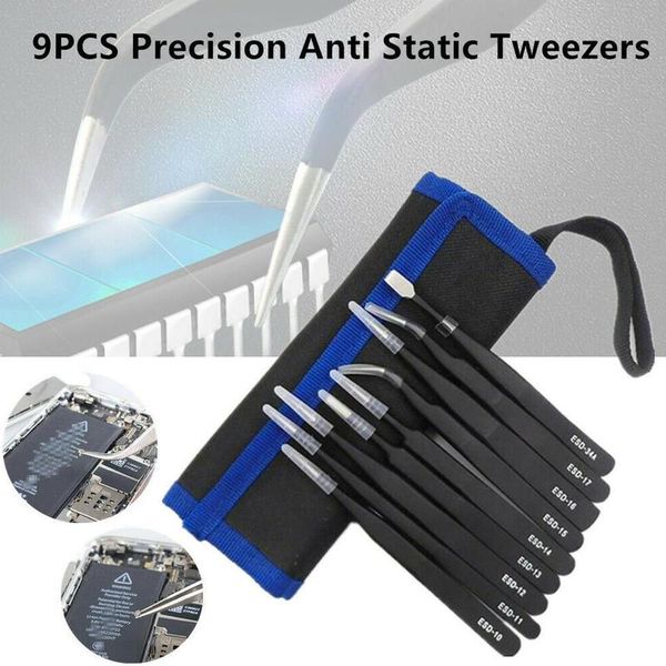 

9pcs esd stainless steel tweezers precision anti-static maintenance tools kit for electronics jewelry phone repairing with bag