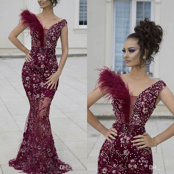 

2019 luxury rhinestones grape prom dresses feather lace beads cocktail evening dresses keyhole backless illusion mermaid party gowns, Black;red