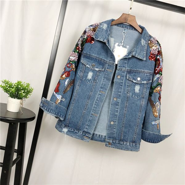 

new 2018 autumn jacket women denim embroidery rose floral beading pearl sequin patch epaulet ripped hole bomber denim jacket, Black;brown