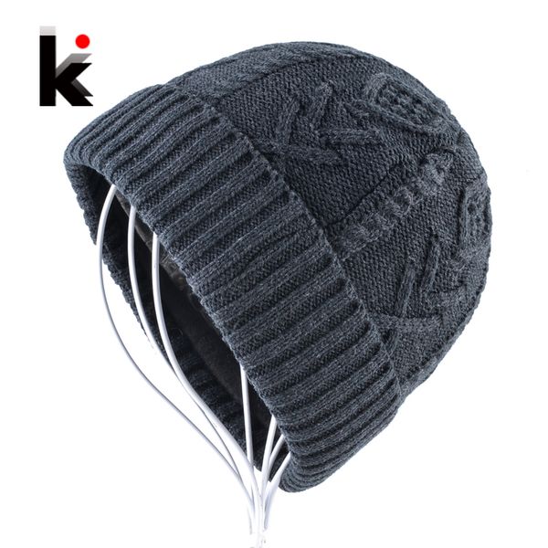 

men's beanies hats winter knitted wool hat double layer add velvet knitting caps men skullies beanie thicker knit bonnets gorras, Blue;gray