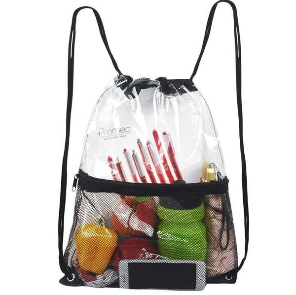 

50pcs pvc transparent waterproof drawstring backpack with mesh sport bag school sport outdoor beach shoe bag