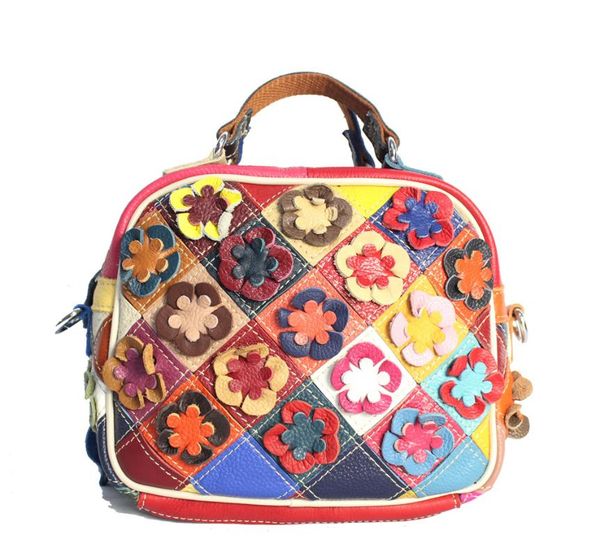 

2020 korean style leather handbag messenger bag stitching leather black and white flower women's bag new women's