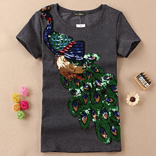 

2020 new noble elegant t shirt women peacock sequined sequins t -shirt womens fashion new tee shirt femmer lady sakura clothes 4xl, White