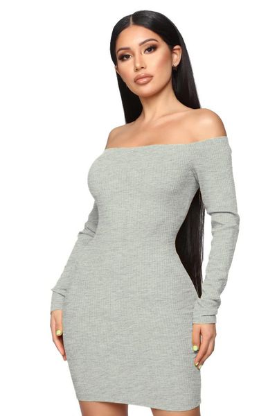 

women solid knitted sheath dress slash neck long sleeved bodycon ol dresses, Black;gray