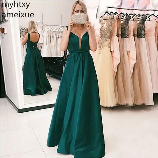 

custom dark green v-neck long event prom dresses sleeveless a-line vestidos de formal gowns backless satin robe soiree plus size, White;black