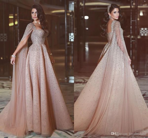 Eleganti abiti da sera con perline di lusso A-Line con maniche a mantella Cinghie lunghe Abiti da sera in tulle rosa Prom Party Abiti con perline Festa