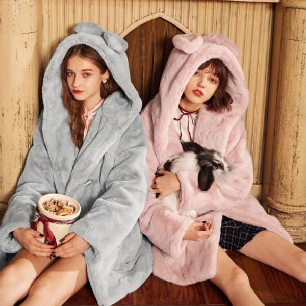 

vetement women faux fur coats 2019 winter thicken fake fur silver pink overcoat with hooded animal ear girl long outwear m913, Black