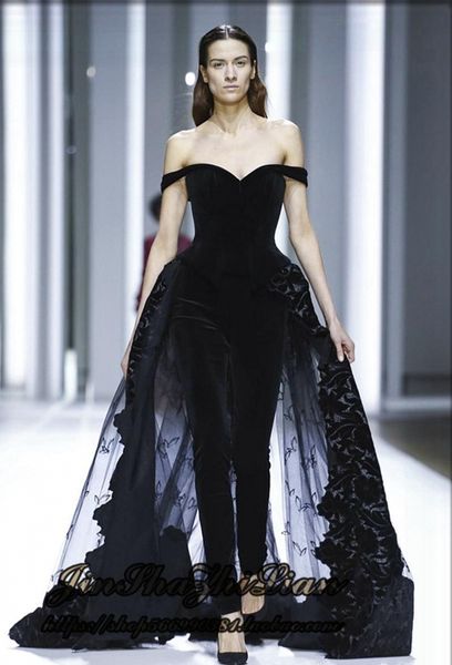

gorgeous off shoulder black jumpsuit evening dresses beaded appliqued tulle velvet red carpet dresses formal party dress, Black;red