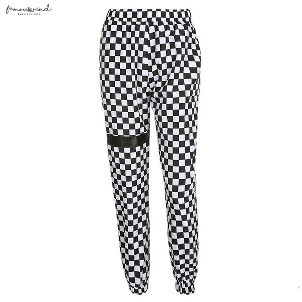 

мода плед высокой талией лоскутная женщины брюки checkboard sweatpants упругие уличная сыпучие карандаш брюки брюки груза падения, Black;white