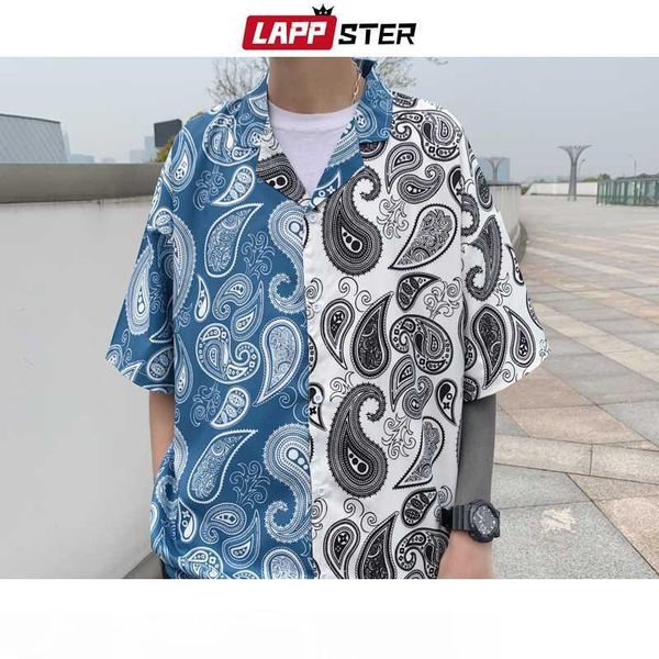 

лапстер мужчины корейский дизайнер лоскутные рубашки 2020 лето мужская уличная одежда хип-хоп рубашки с коротким рукавом гавайская рубашка п, White;black