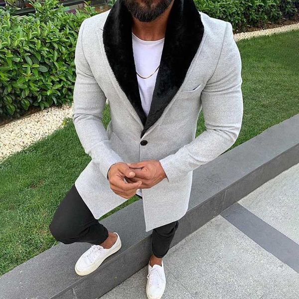 

men's winter casual warm thicken coat slim single-breasted jacket outerwear solid long sleeve mid-length wool blends, Black