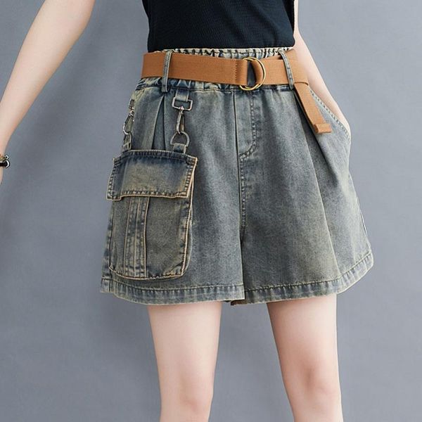 

women's shorts summer patchwork pockets elastic waist women denim wide leg loose leisure female short jeans, White;black