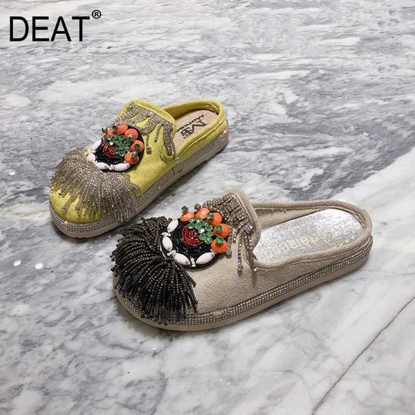 

deat] 2020 new spring summer round toe flock crystal fringe hit color thick bottom platform slippers women shoes tide 10h417, Black