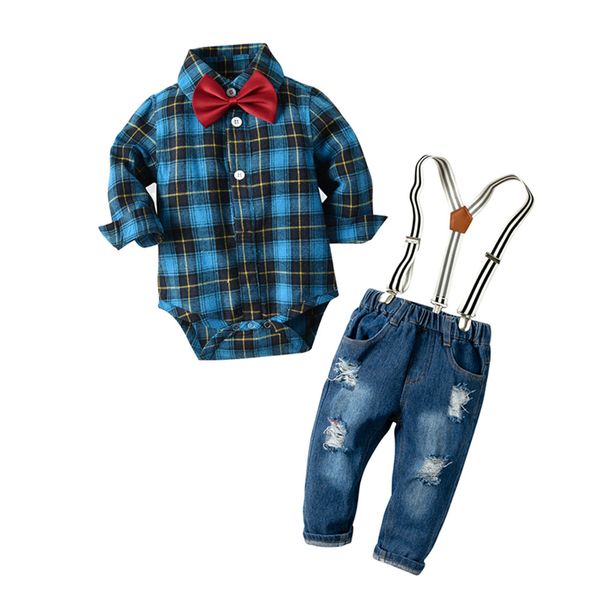 

6-24  clothing for newborn baby fashion plaid rompers + jeans 2pcs/set cotton gentleman spring boy clothes set long sleeves, White