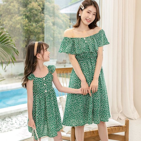 

summer new korean version of mother and daughter parent-child dress girl dress wave dot net red chiffon foreign girl princess dr, Blue