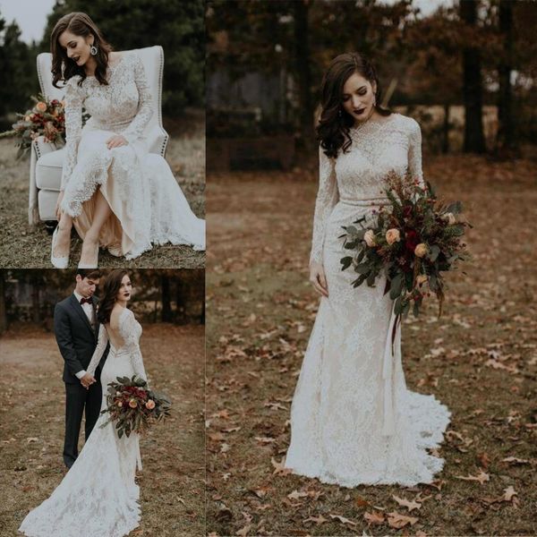 

vintage long sleeve bohemian lace wedding dresses sheath backless bridal gown jewel neck vestido de novia, White