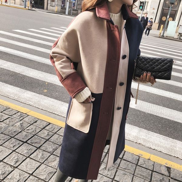

women jacket vintage women patchwork long woolen coat turn-down collar fashion single breasted loose jacket, Black