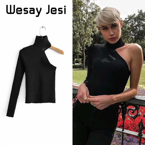 

женщины белый один с плеча свитер водолазка трикотаж осень вязаный пуловер тянуть femme перемычка женская мода топы, Black;white