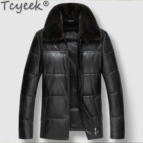 

men's leather jacket winter real sheepskin coat genuine leather down jacket men collar couro legitimo 91888, Black