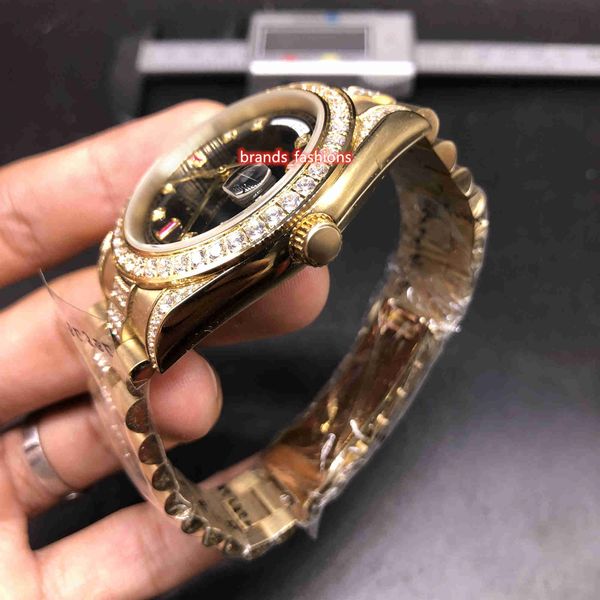 Relógio masculino dourado de alta qualidade com diamantes, mostrador preto, caixa de aço inoxidável, pulseira, relógios comerciais mecânicos automáticos