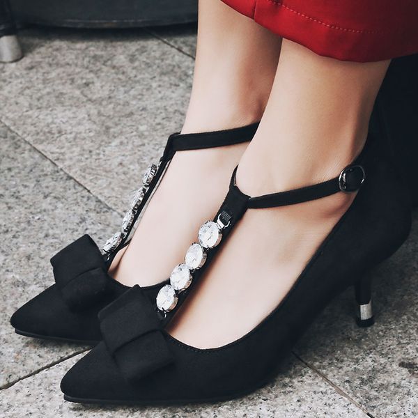 

sarairis 2020 new fashion t-strap thin high heels summer shoes woman pumps female pointed toe buckle strap concise pumps women, Black