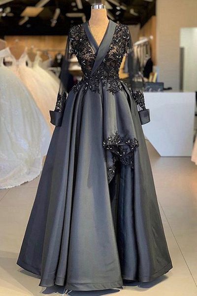 

long sleeves 2020 arabic plus size black prom dresses vestidos de fiesta de noche robe de soiree muslim formal evening dresses gowns