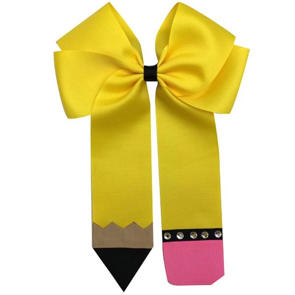 

7 inch pencil bow, back to school bow, yellow pencil hair school bows, kindergarten hair bows, preschool bow, Slivery;white