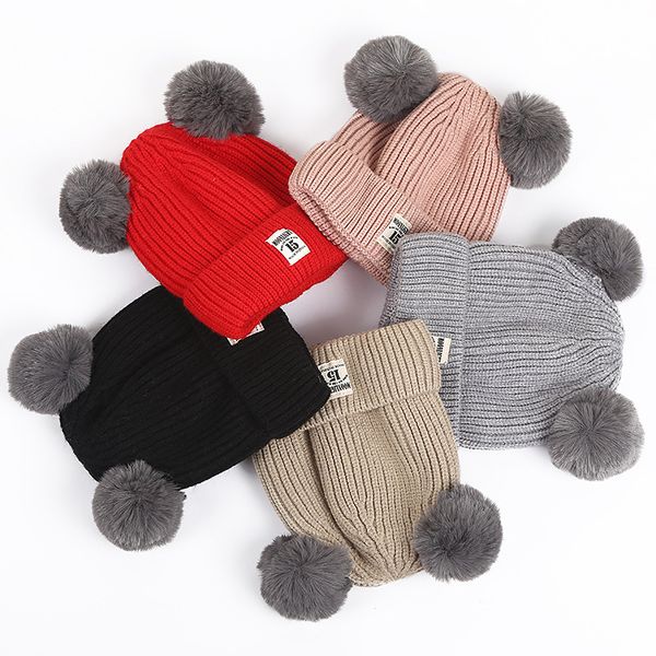 

1pcs cartoon winter knitted thickening hats for children double pompom fur korean style cute beanies for kids warmed casual caps