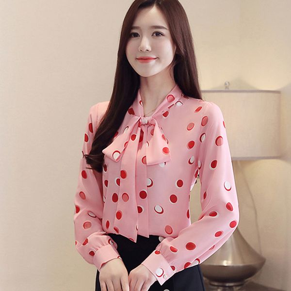 

women blouses 2019 spring new tie with bow fashion pink long-sleeve chiffon ladies elegant printed dots blouse, White