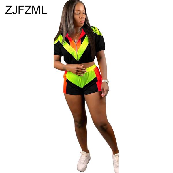 

neon breathable mesh satin splice 2 piece matching set women front zipper short sleeve crop + biker short casual tracksuits, White