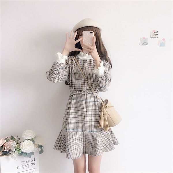 

women's dress ruffled plaid autumn long sleeve high waist belt slim mini japan harajuku dresses woman vestidos female ls179, Black;gray