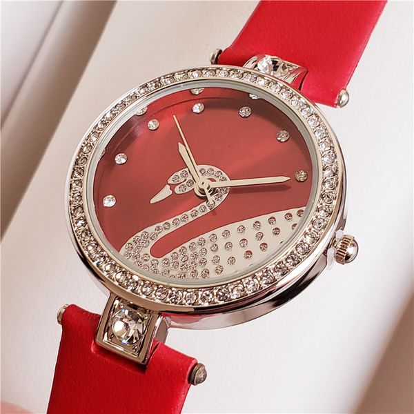 

2019 бренд лебедь Алмаз часы женская мода роскошные изысканные кожаные часы лебедь