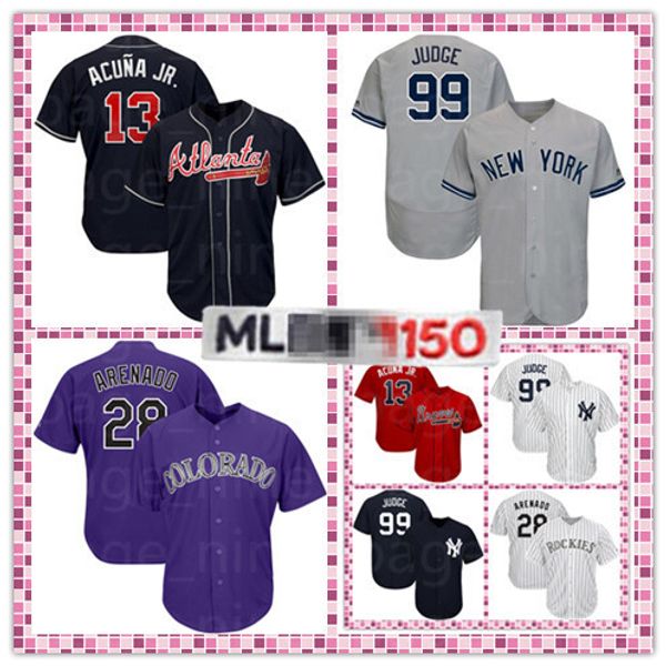 

Mens New York 99 Aaron Judge Yankees Atlanta Ronald Acuña Jr. Braves Colorado Nolan Arenado Rockies Embroidery Logos Baseball Jerseys