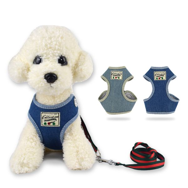 

fashion denim pet harness suit safety walking teddy puppy chest vest cat dog harness with dog leash pet supplies