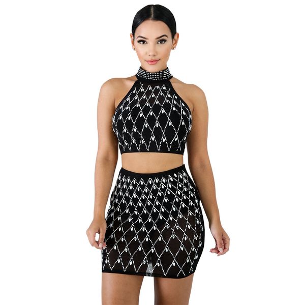 

для женщин из двух частей платье 2019 летняя новая мода холтер топы тонкий блестящая мини юбка sexy perspective ночной wear s-xl, White