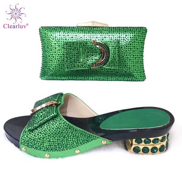 

green italian ladies shoe and bag set decorated with rhinestone wedding african party italian shoes with matching bag for women, Black;white