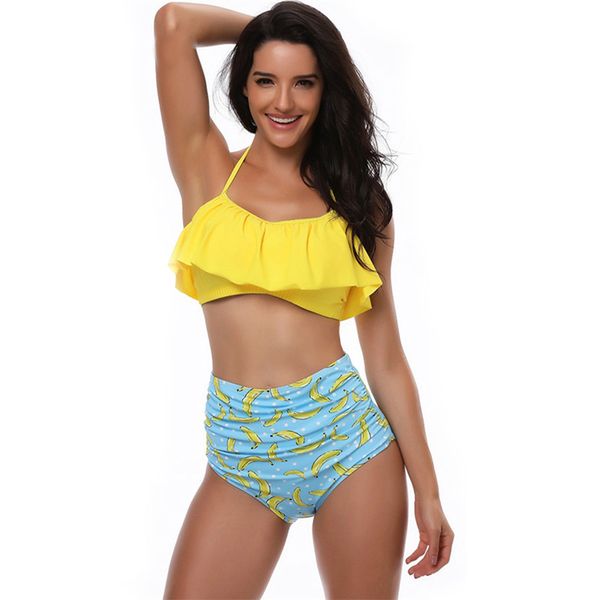 

women swimwear swimsuits 2019 bikini set print swimwear for women ruffle swimming suits beach two pieces high waist bathing suits, White;black
