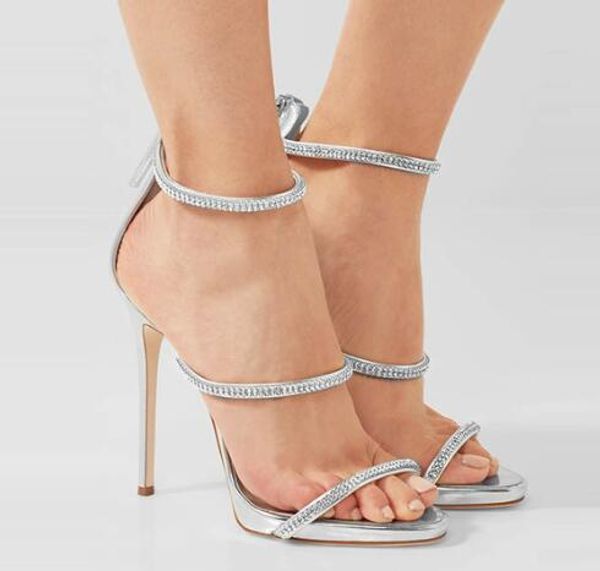 

2019 luxury summer style metallic strappy sandals silver gold black gladiator sandals women high heels narrow band shoes
