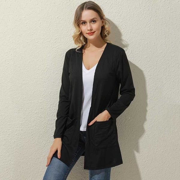 

women cardigan long sleeve simple autumn new female elegant pocket outerwear warm plus size, Tan;black