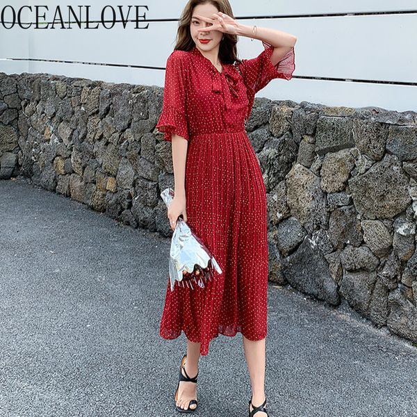 

oceanlove vintage chiffon vestidos dot elegant bandage bow long dress elegant high waist dresses women pleated a-line 16675, Black;gray