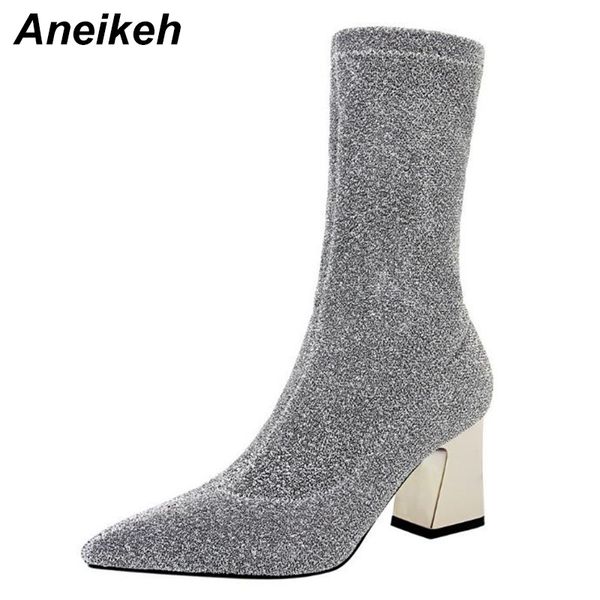 

aneikeh brand pointed toe sequined cloth bling women's boots slim skinny club short boots for women 7cm high square heels, Black