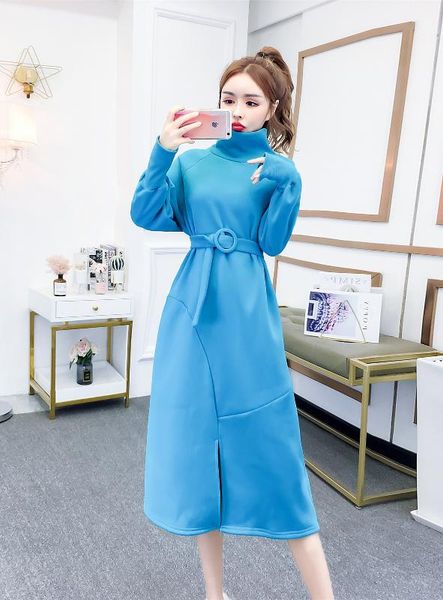 

p shoot 2019 most new style fashion high collar lace-up medium-length slit casual dress plus velvet hoodie dress women's, Black